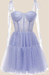 Light Blue Sparkly Starry Tulle Homecoming Dress