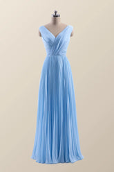 V Neck Blue Chiffon A-line Long Bridesmaid Dress