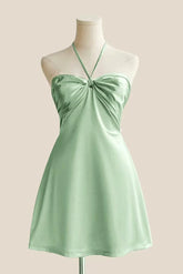 Halter Sage Green Back Tie A-line Short Dress