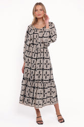 Faris Off Shoulder Midi Dress - Black Geo