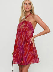 Magica Halter Keyhole Mini Dress Red Floral
