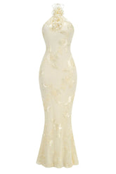 Yellow Halter 3D Flower Mermaid Dresss
