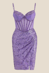 V-neck Lilac Sheer Bodice Sequin Short Dress