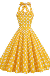 Yellow Polk Dots Halter Swing Dress