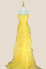 Strapless Yellow Pleated Tiered Long Dress