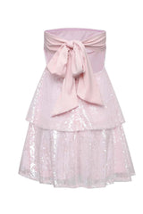 Strapless Pink Sequin Tiered Short Dress