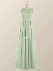 Jewel Neck Sage Green Chiffon Long Bridesmaid Dress