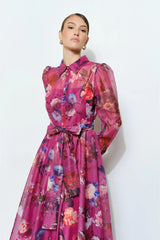 Flora Floral Print Organza Button-Up Midi Dress