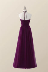 Halter Purple Tulle Long Bridesmaid Dress