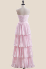 Strapless Light Blue Pleated Tiered Long Party Dress