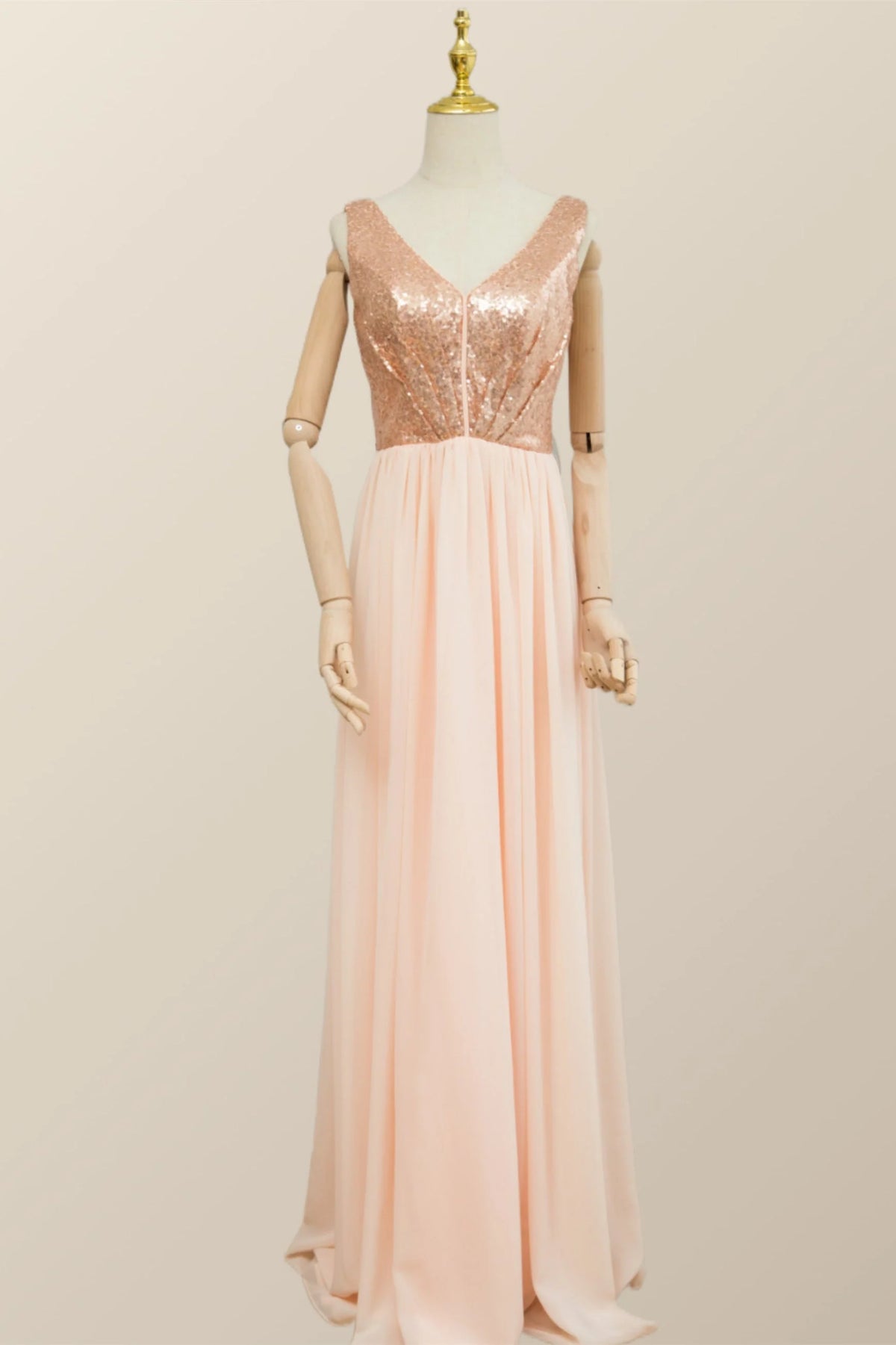 V Neck Rose Gold Sequin and Chiffon Long Bridesmaid Dress