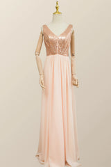 V Neck Rose Gold Sequin and Chiffon Long Bridesmaid Dress