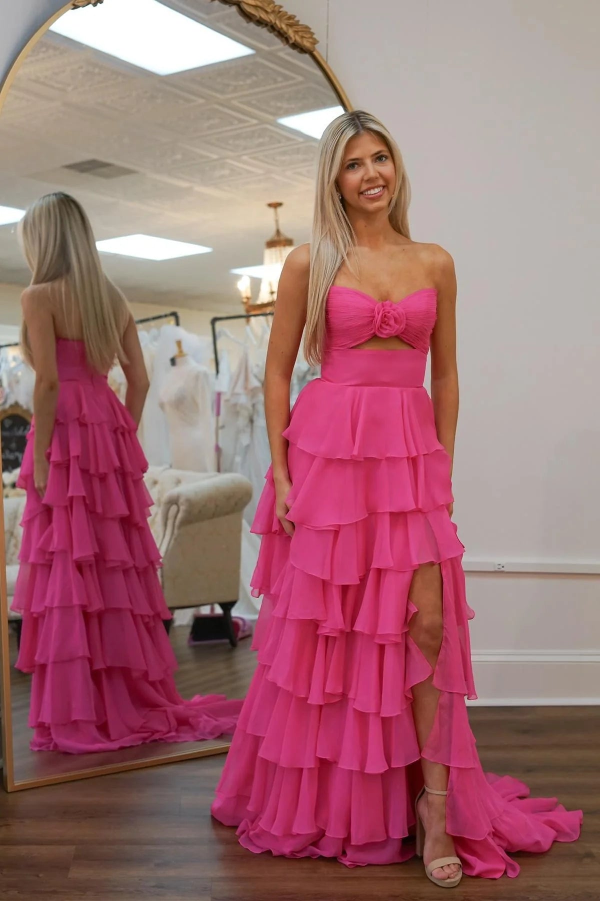 Strapless Hot Pink Rosette Tiered Long Dress