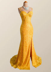 Yellow Sequin Corset Mermaid Long Party Dress