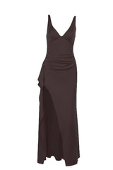 V Neck Red Fitted Frill Long Party Dress