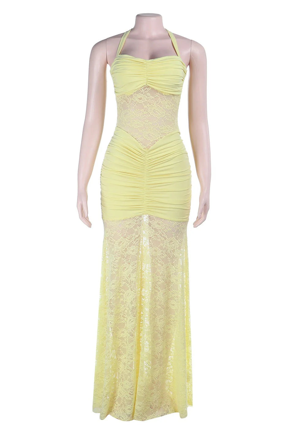 Halter Yellow Lace Sheer Fitted Long Dress