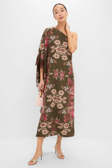 Olive Ornate Lace Floral One Shoulder Isla Dress