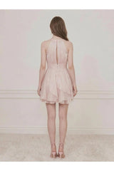 PRE-ORDER Only! (ETA May 15th)  Selena Shimmer Halter Neck Ruffle Mini Dress - Pink